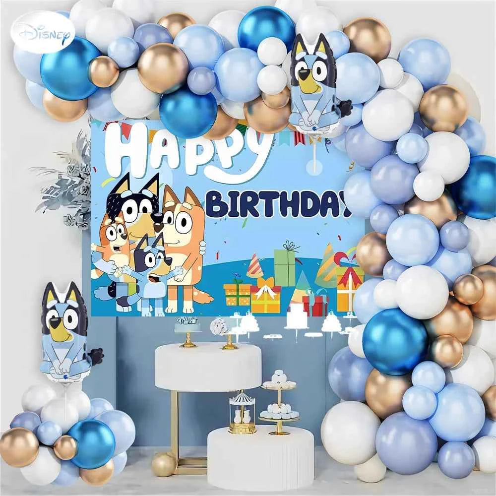 Bluey Birthday Party Decorations Balloon Garland Kit with Bluey Foil Balloons & Happy Birthday Backdrop for Kids Party Supplies