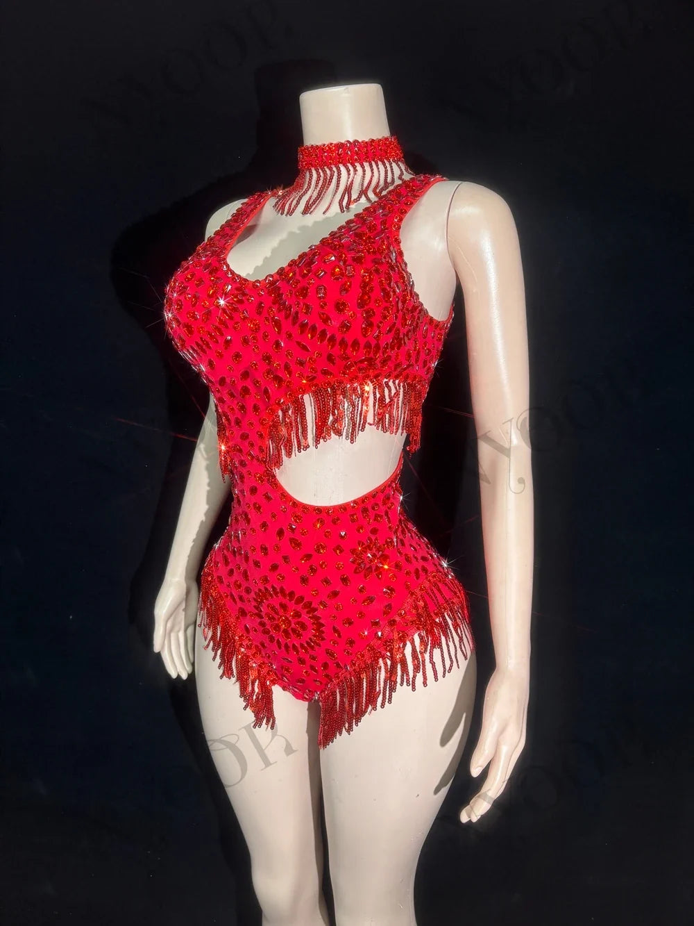 Sparkly Rhinestone Tassel Mock Neck Bodysuit Sleeveless Showgirl Stage Leotard