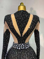 Sexy Sparkly Diamond Black Long Sleeves Bodycon Mesh Jumpsuit Evening Party Nightclub Bar Singer Performance Stage Costume