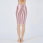 Oil Glossy High-Stretch Knee-Length Shorts Satin Shine Performance Biker Shorts