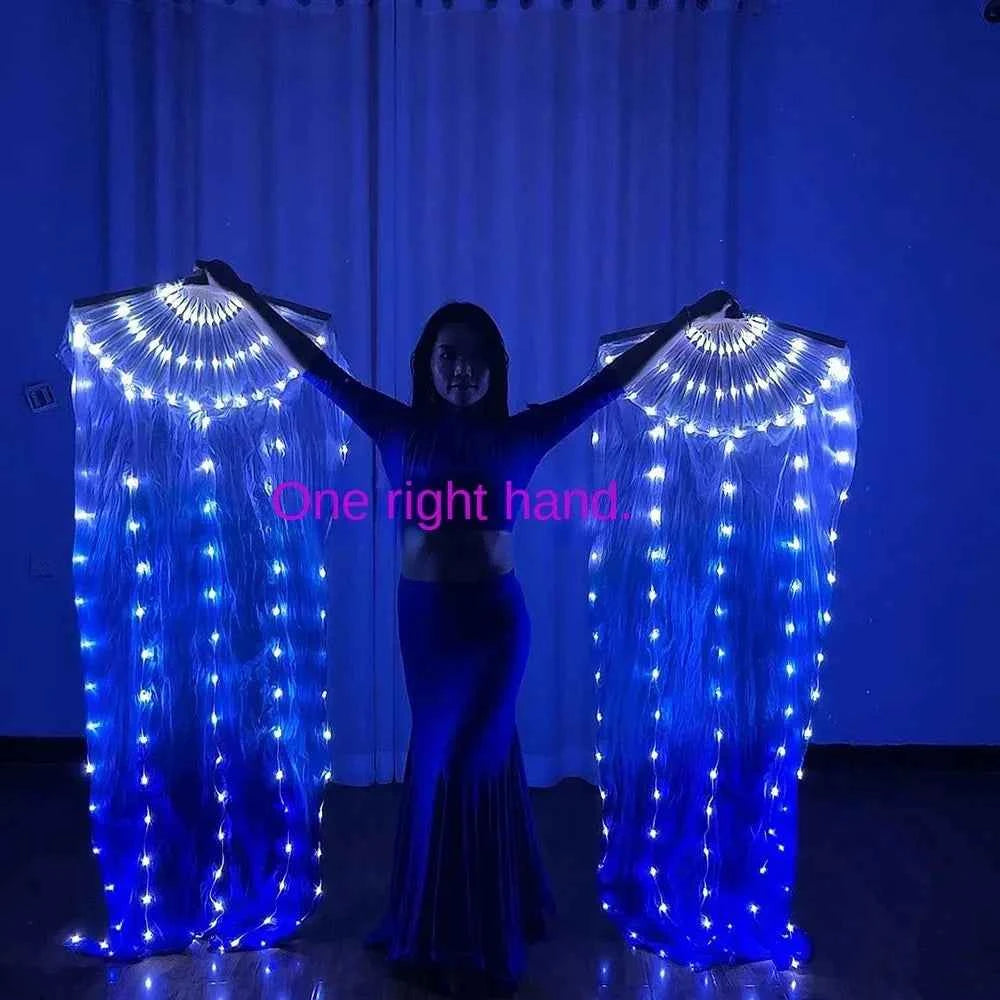 Fan white and blue gradual change silk fabric dance props cord string charging stage performance
