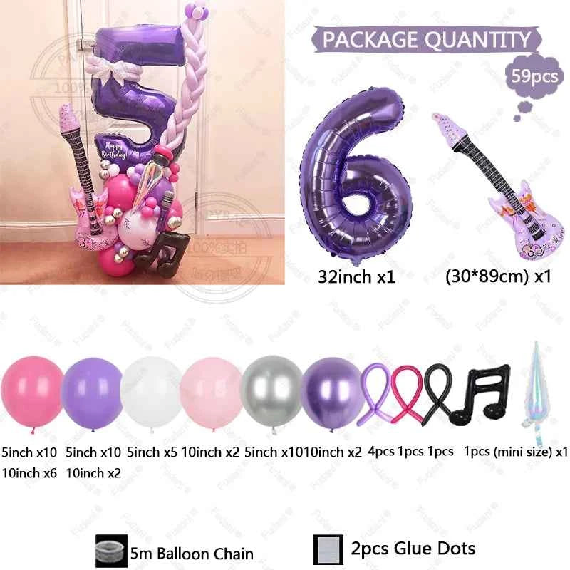 59pcs Guitar Balloon Purple Numbers 1-9 Birthday Balloon Set Music Theme Party Decoration Festival Photo Props Birthday Gift