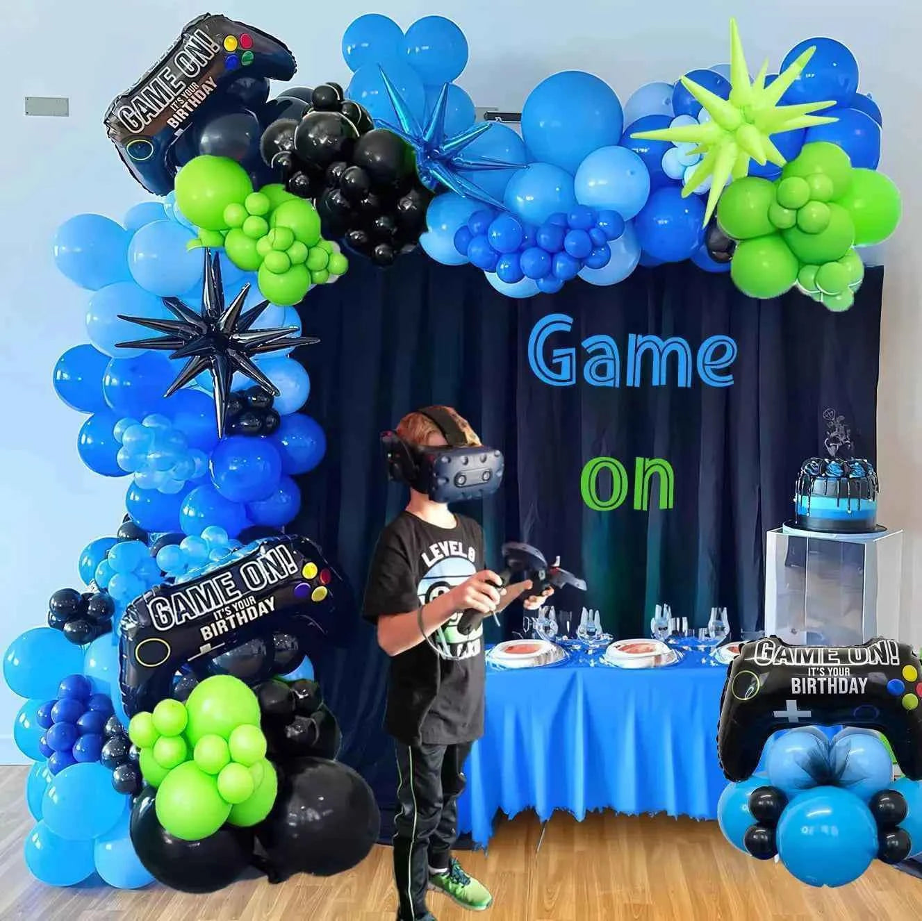 132Pieces Blue Black Green Balloon Set with Starburst Controller for Gamers Night Party Decoration Game Themed Birthday Supplies