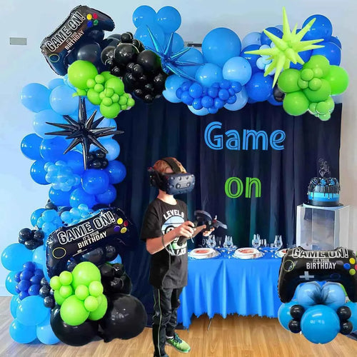132Pieces Blue Black Green Balloon Set with Starburst Controller for Gamers Night Party Decoration Game Themed Birthday Supplies