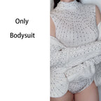 Rhinestone Bodysuit & Coat Set - Women's White Nightclub Dance Costume for Rave, Stage & Gogo Performance