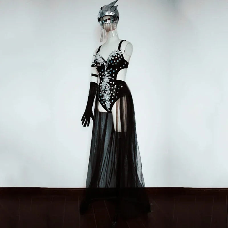Silver Mirror Sequin Bodysuit & Dramatic Train Skirt Gogo Stage Costume Set