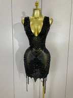 Vintage-Inspired Sparkly Rhinestone Mesh V-Neck Party Dress