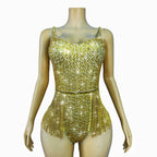Gold Crystal Rhinestone Chain High-Cut Stage Performance Bodysuit Leotard