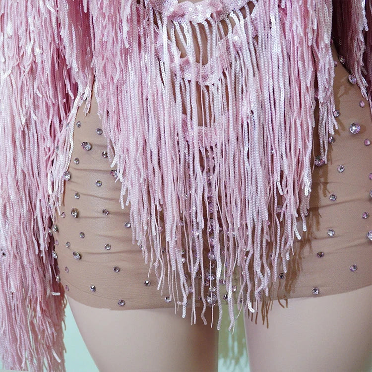 Rhinestone Tassel Fringe Jacket And Dress Costume Set