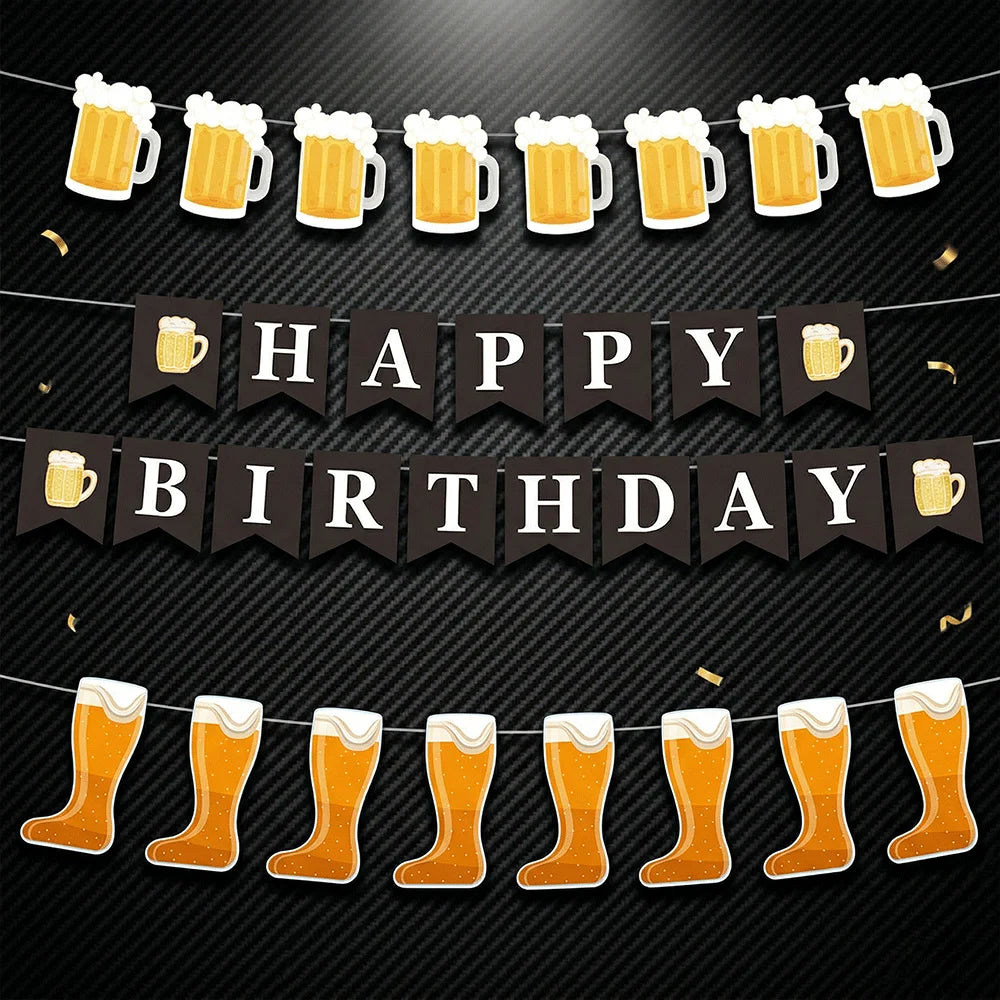 Beer Theme Happy Birthday Banner Adult Mens Party Decorations Cheers Paper Garland Oktoberfest Bunting Bar Pub Event Decor Setup