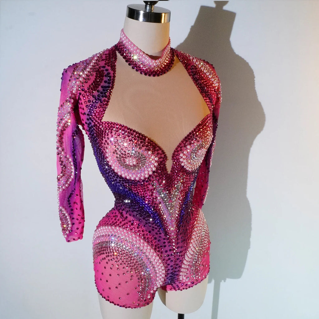 Luxury Pink Rhinestone long sleeve bodysuit Dancer Stage Wear Perform Show Girl Sheer Drag Queen Outfit Bar Nightclub