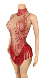 Sparkly Rhinestone, Sequin & Fringe Sleeveless Bodysuit Stage Performance Costume