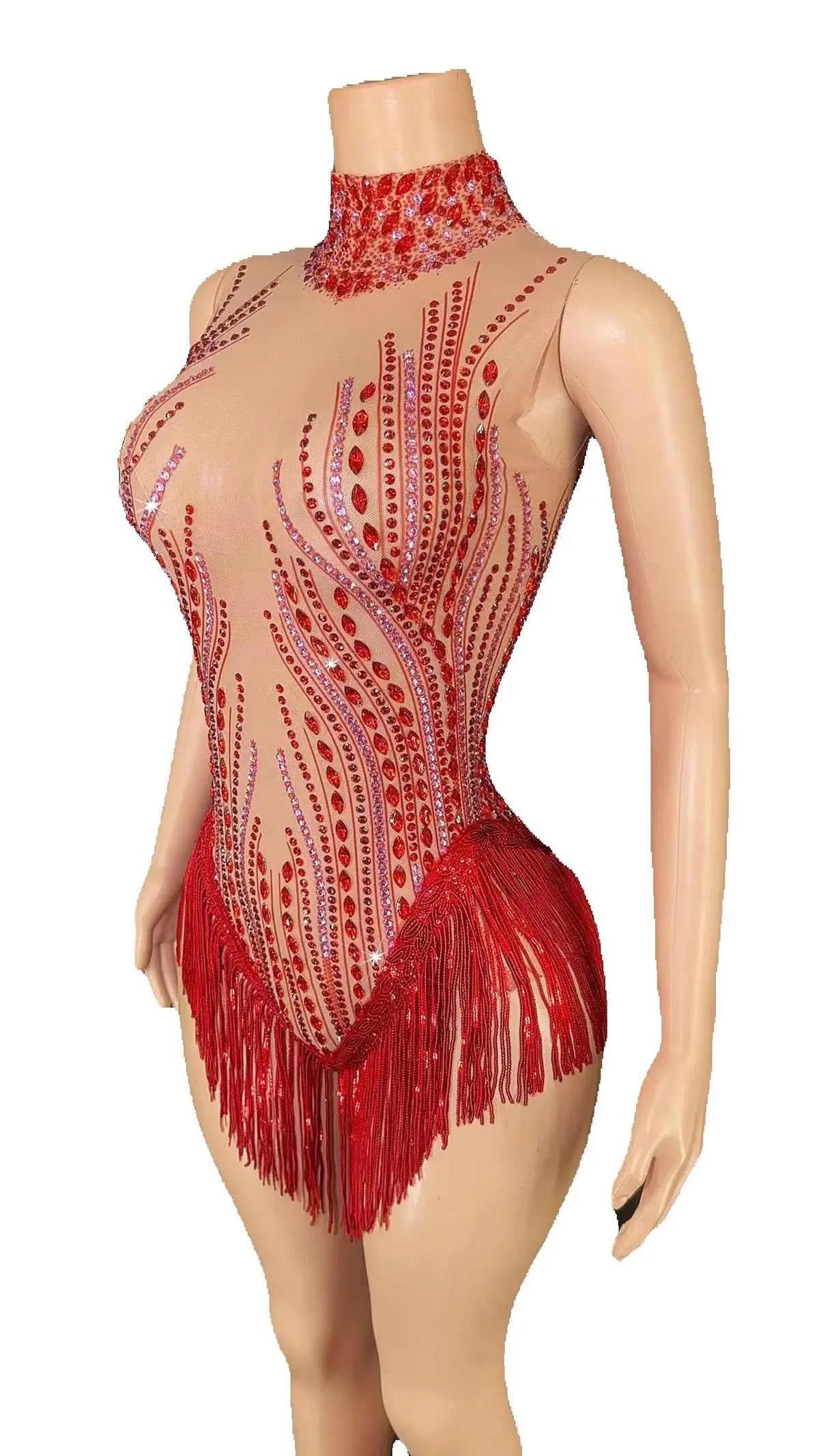 Sparkly Rhinestone, Sequin & Fringe Sleeveless Bodysuit Stage Performance Costume