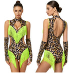 Leopard Cutout Bodysuit & Fringe Sleeves 2-Piece Latin Ballroom Stage Costume Set
