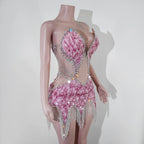 Sequin Beaded Tassels Mini Dress Crystals Mesh Bodycon Stage Performance Outfit