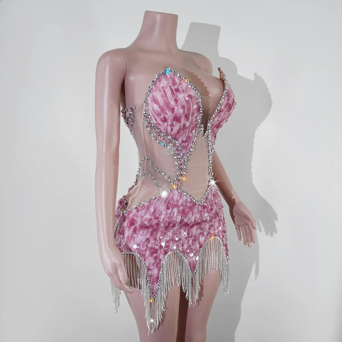Sequin Beaded Tassels Mini Dress Crystals Mesh Bodycon Stage Performance Outfit