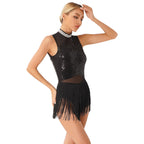 Women Sequins Diamond Latin Jazz Dance Costume Sleeveless Cutout Back Flowy Tassel Dress Leotard Tango Cha-Cha Samba Dancewear