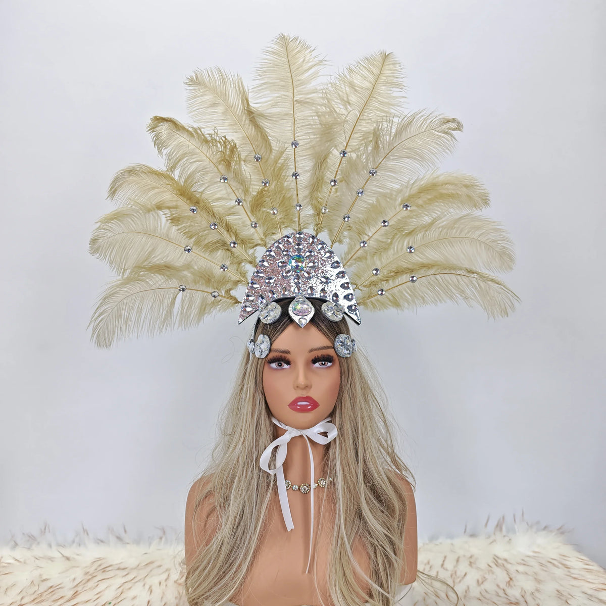Artisanal Ostrich Feather Showgirl Headdress & Carnival Hair Accessory