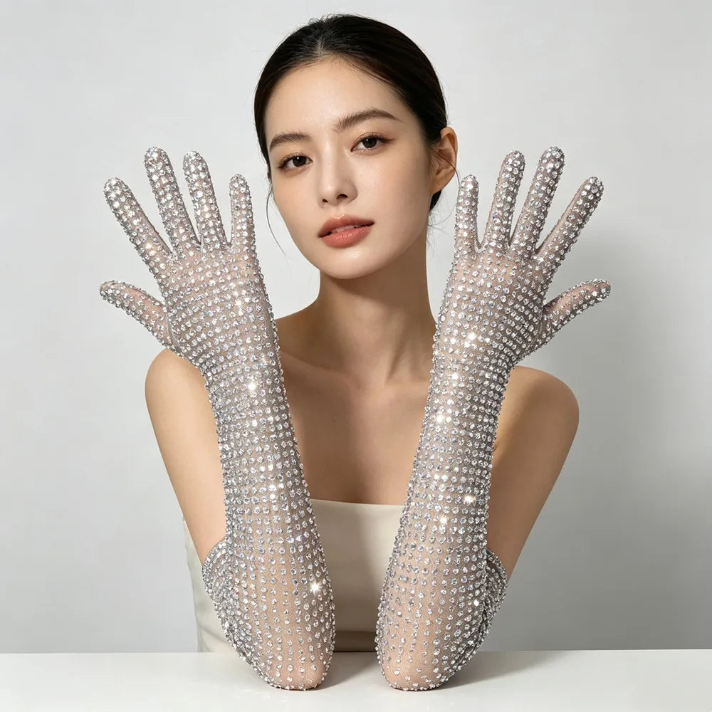 Luxury Full Rhinestones Mesh Long Gloves Women Singer Stage Performance Accessories Celebrity Prom Red Carpet Crystal Mittens