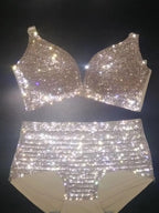 Dazzling Shimmer Crystal Bikini & High-Waist Dance Performance Costume Set