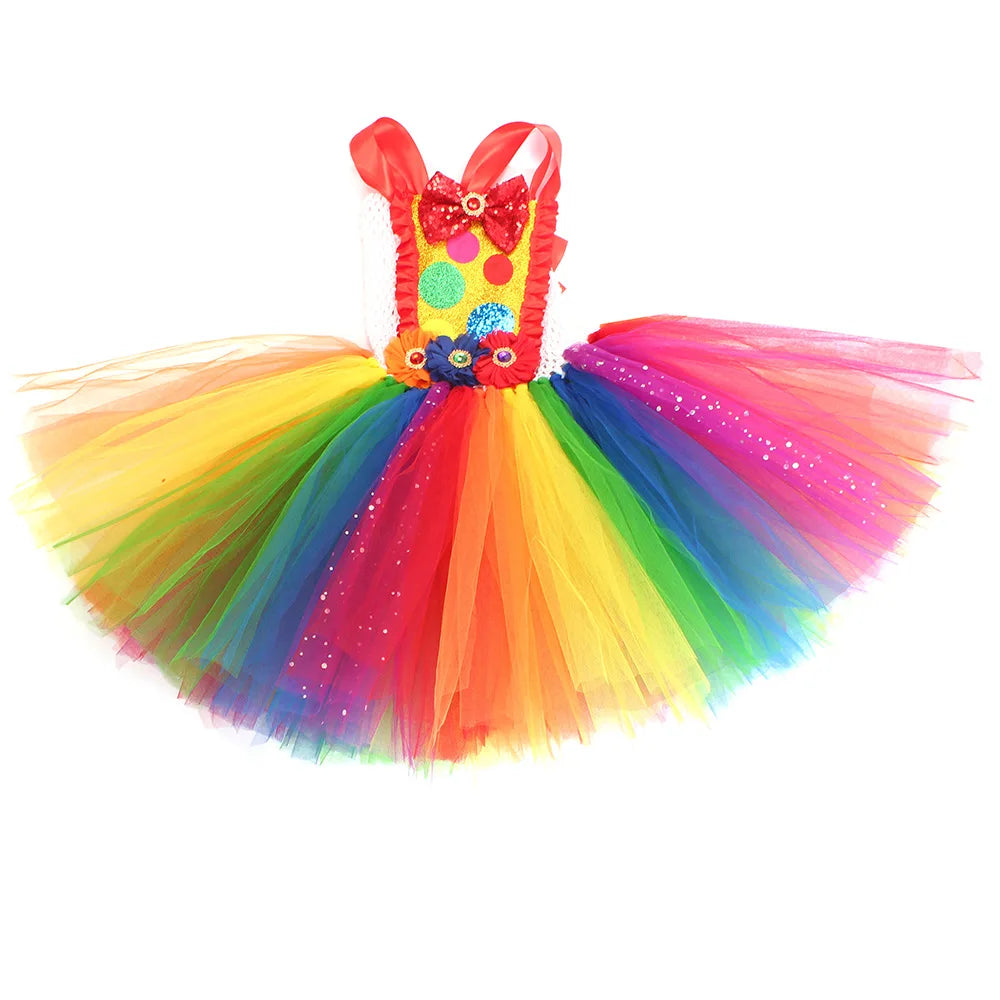Clown Multicolored Circus Costume for Girls Funny Joker Halloween Tutu Dress Kids Fancy Birthday Party Pageant Carnival Clothes - Big Tim's Magic Emporium