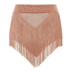 Rhinestone Tassel High-Waist Dance Shorts & Sheer Mesh Fringe Skirt