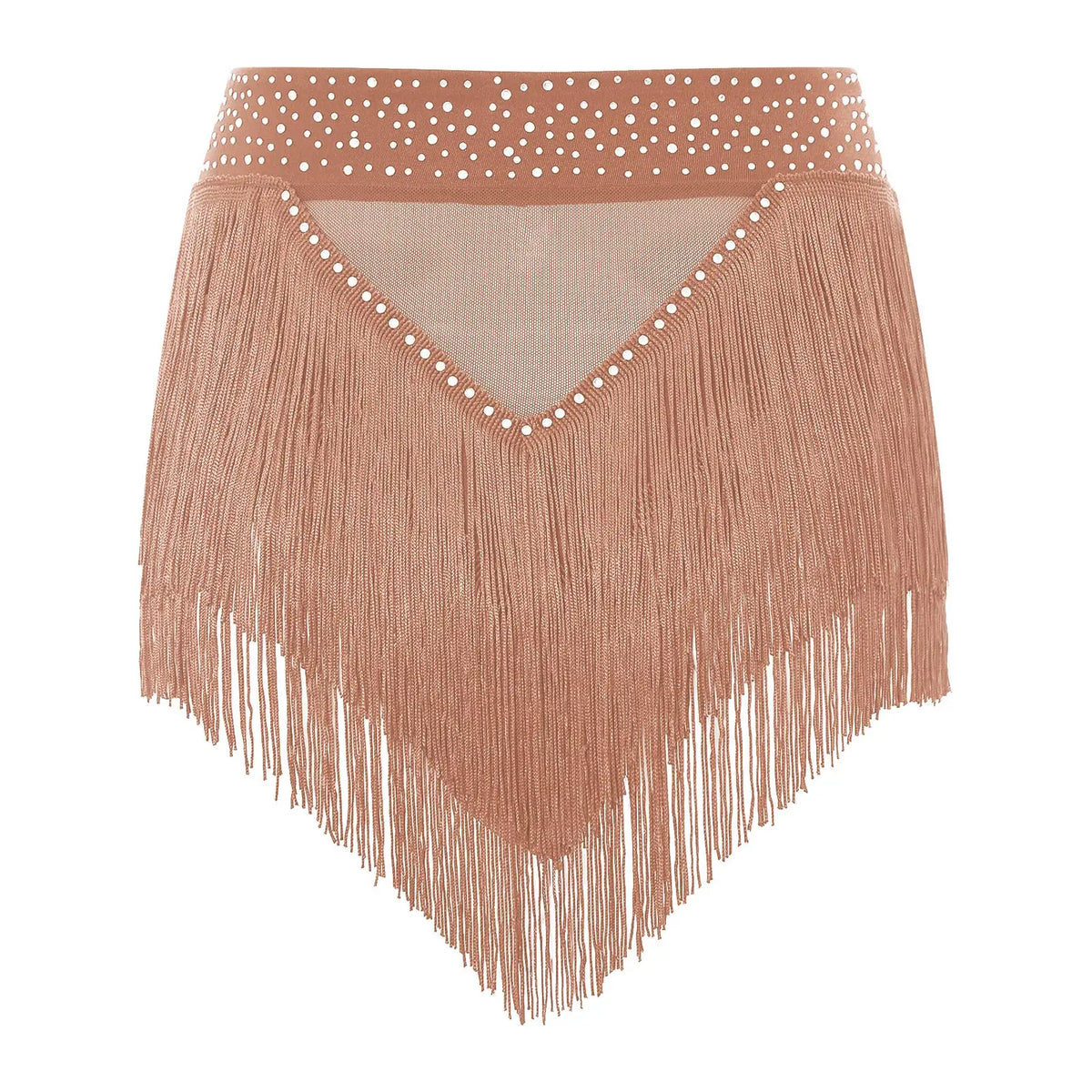 Rhinestone Tassel High-Waist Dance Shorts & Sheer Mesh Fringe Skirt