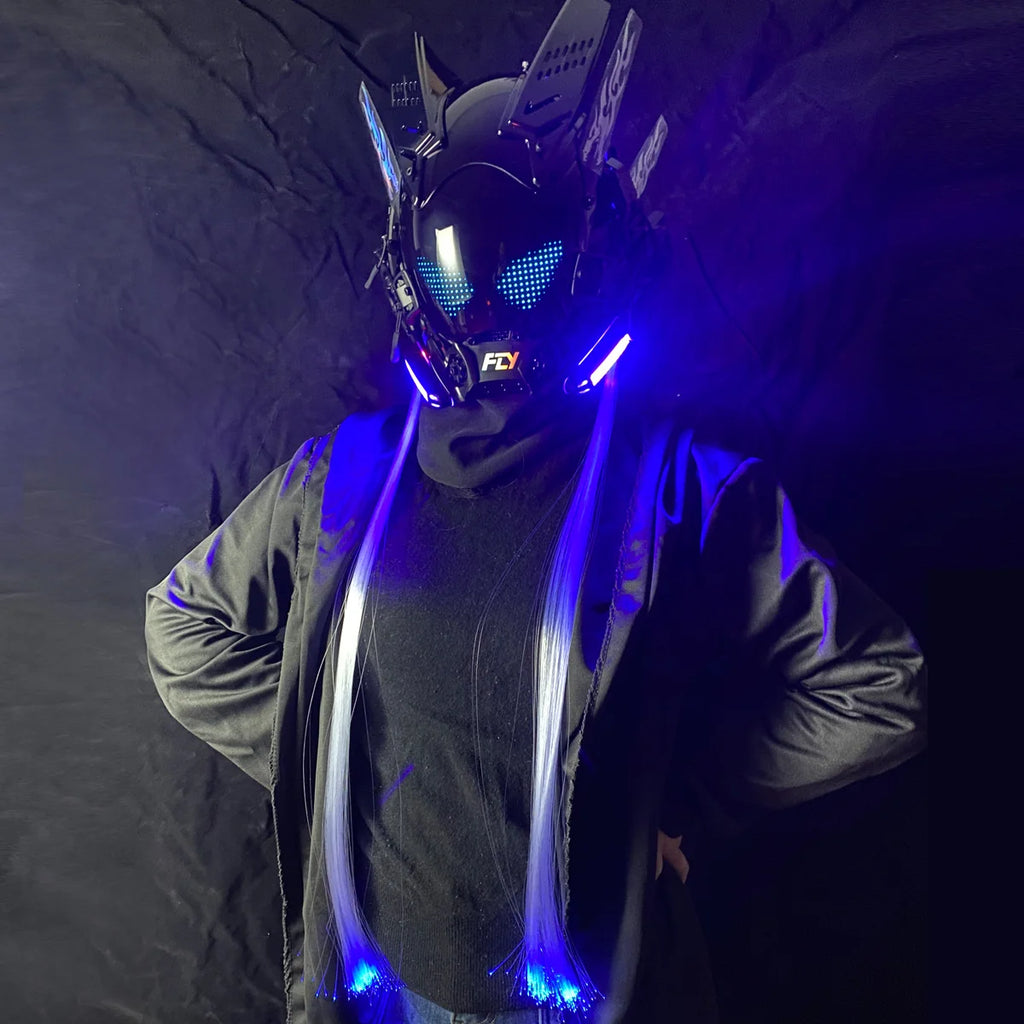 Cyber Punk Mask Mech Warrior Cosplay Helmet With LED Color Screen With Light Up Braids Cosplay Helmet Halloween Party Props Gift - Big Tim's Magic Emporium