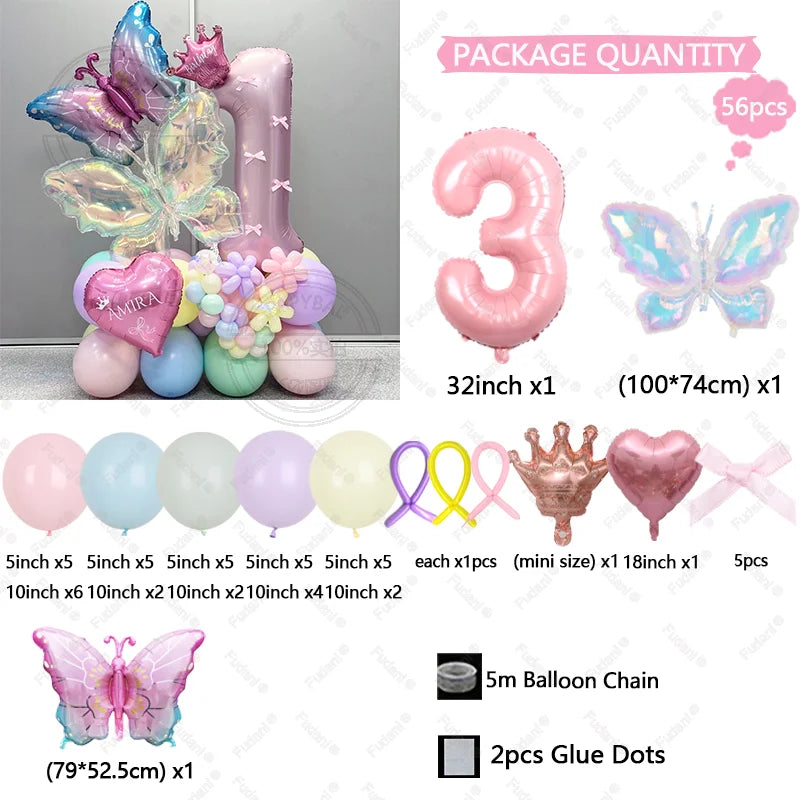 56pcs Colorful Butterfly Love Balloon Pink Number Birthday Balloon Set Festival Party Decoration Children's Baptismal Supplies
