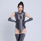Satin Oil Shiny Elastic High-Cut Bodysuit Sheer Thong Stage Leotard