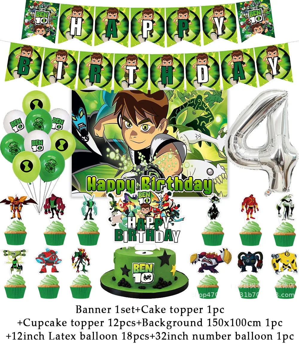 Cartoon Ben-10 Birthday Party Decoration Balloons Favor Set Banner Cake Toppers Baby Shower Boys Gift Party Supplies Photo Prop