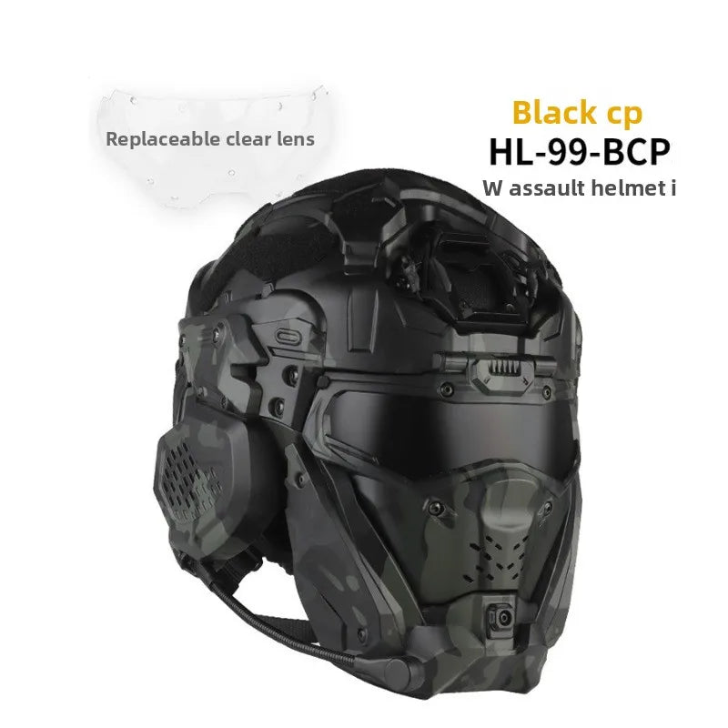 Full Face Helmet with Built-in HD Earphone, Flip-Up Mask & Anti-Fog Fan, Replaceable Lens & NVG Mount for Game/Role-Play/Riding