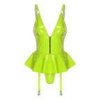 Glossy Wet-Look Halter Romper Bodysuit with Flared Skirt Hem & Integrated Garters
