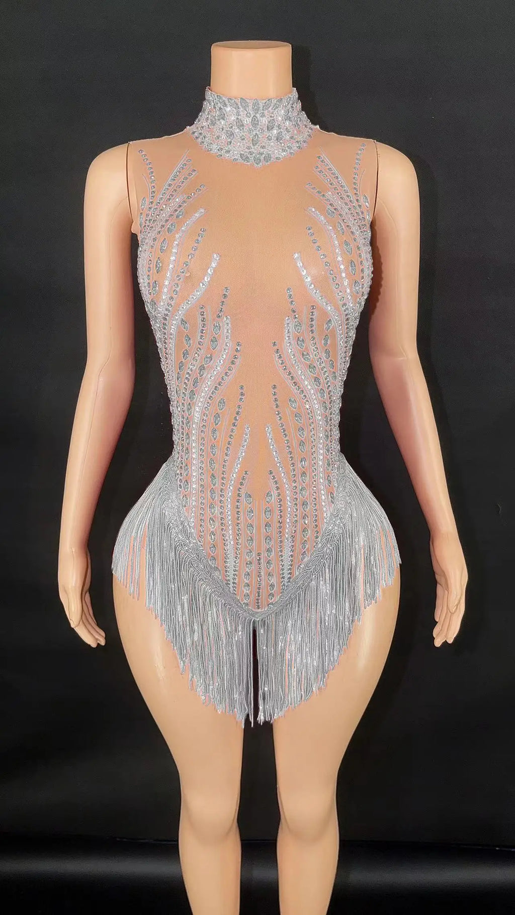 Sparkly Rhinestone, Sequin & Fringe Sleeveless Bodysuit Stage Performance Costume
