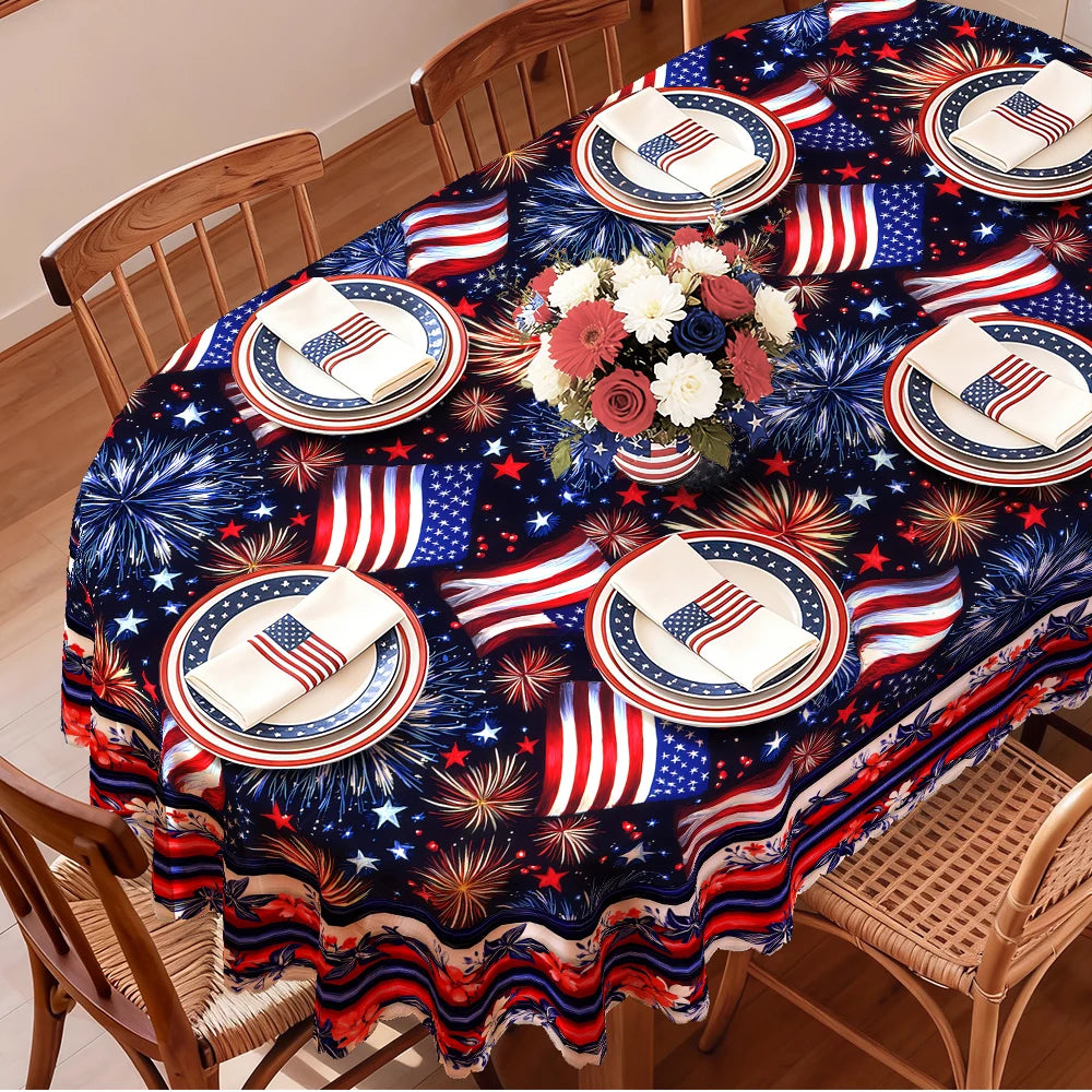 4th of July Tablecloth, Patriotic Independence Day American Flag Oval White, Blue for Outdoor BBQ Party Family Gathering