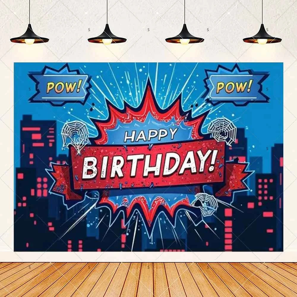 Customized Photography Studio Props Cartoon Superhero City Background Fecoration Children's Happy Birthday Outdoor Party Banner