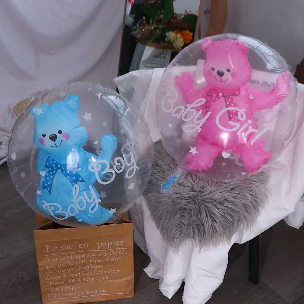 Birthday Gender Reveal Blue Pink Transparent 4D Double Bubble Balloons Bear Party Supplies Globos