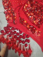 Sexy Nightclub Bar Gogo Dance Costume Red Rhinestones Fringe Mesh Bodysuit Gloves Performance Stage Wear Party Show Rave Outfits