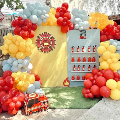 122pcs Red Yellow Fog Blue Balloon Garland Arch Kit for Fireman Party Supplies Birthday Firefighter Rescue Themed Party Decor