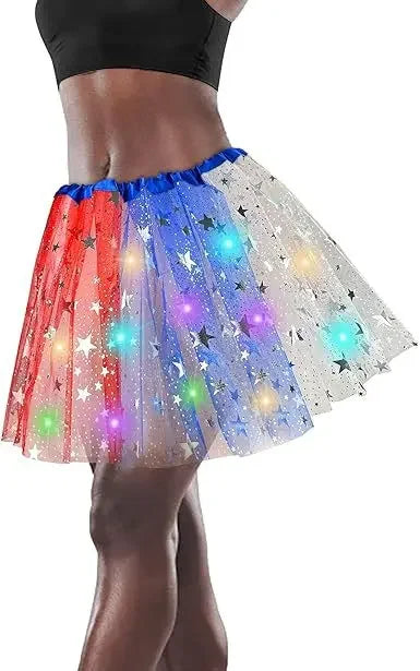 Light Up Layers 4th of July Star Independence Day American Flag Tutu for Women Adult Birthday Soft Princess Glow Party Supplies