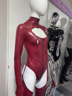 Faux Latex PU Leather Hollow-Out Breast Zipper Bodysuit & Stockings Set