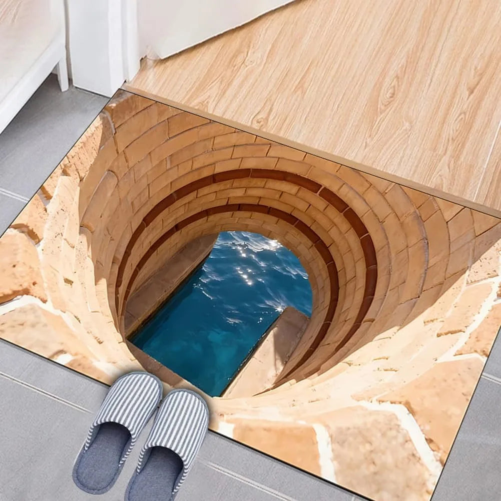 3D Optical Illusion Welcome Mat with Endless Pit Design Non-Slip Floor Mat for Unique Home Decor, Black Gray Carpet Gift