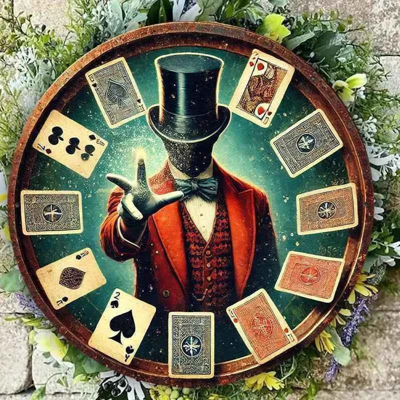 2D Flat, 1pc Vintage Magic Show Metal Wall Plaque - 7.8" Round Aluminum Art with Mysterious Wizard & Playing Cards Design, Durab