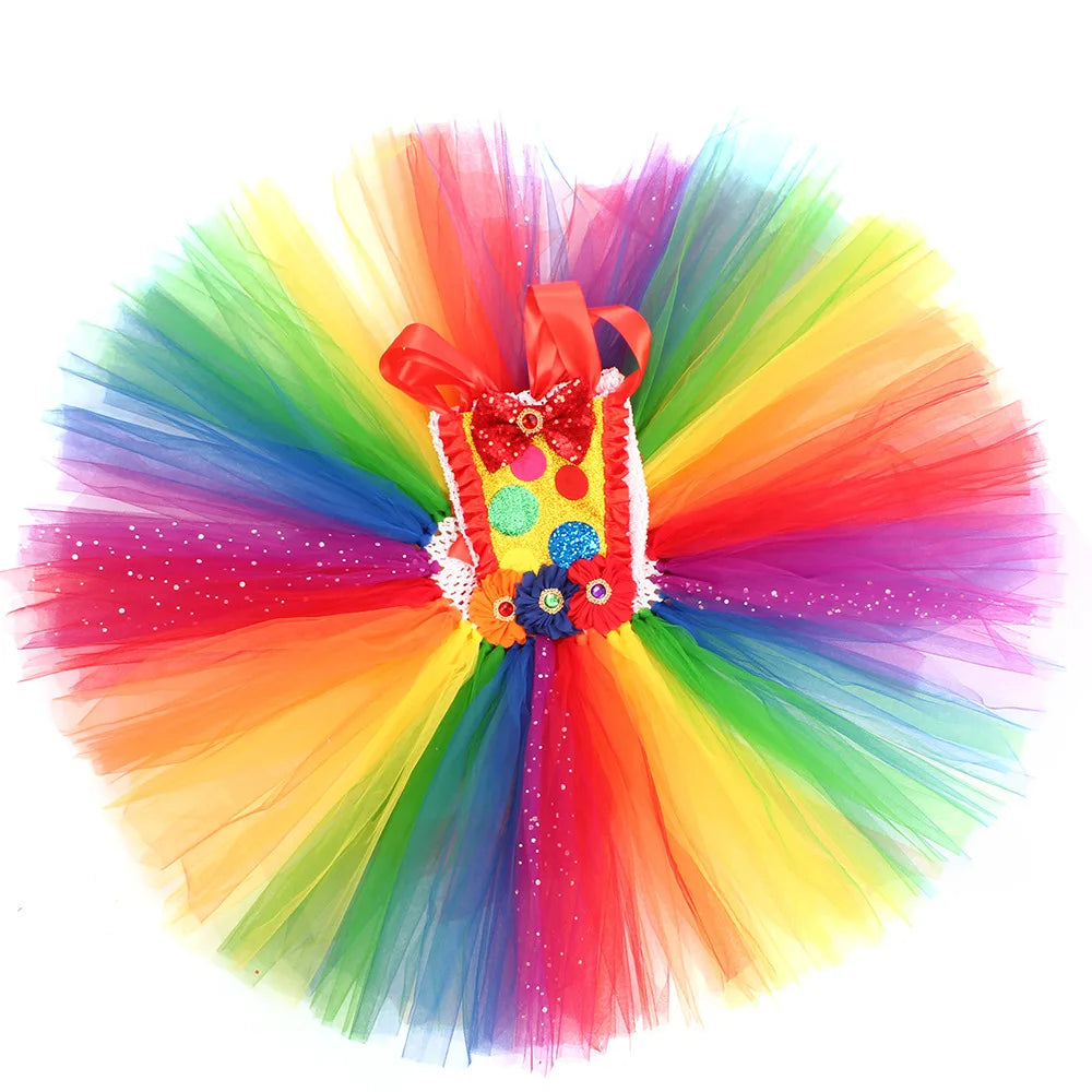Clown Multicolored Circus Costume for Girls Funny Joker Halloween Tutu Dress Kids Fancy Birthday Party Pageant Carnival Clothes - Big Tim's Magic Emporium
