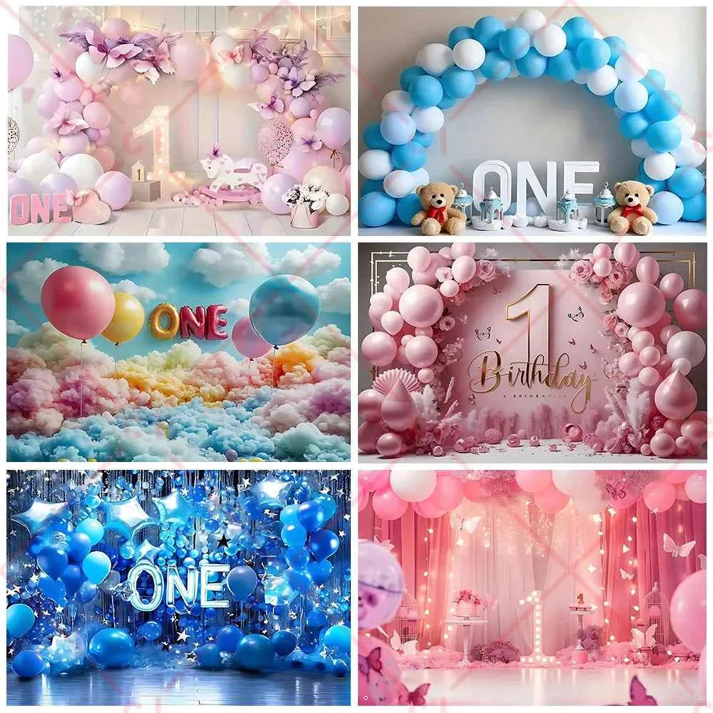 Newborn Baby 1st Birthday Backdrop Pink Blue Balloon Girl Boy Baby Shower Cake Smash Photography Background Decor Photo Studio