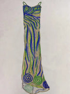Sparkly Green Rhinestone Strip Split Maxi Dress Sheer Mesh Stage Performance Costume
