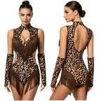 Leopard Cutout Bodysuit & Fringe Sleeves 2-Piece Latin Ballroom Stage Costume Set