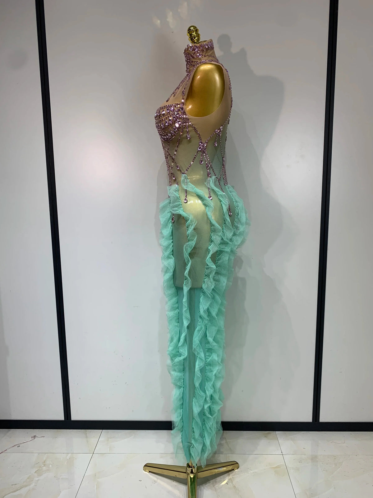 Mint Green Ombré Rhinestone Illusion Gown Tiered Ruffle Hem Maxi Stage Dress
