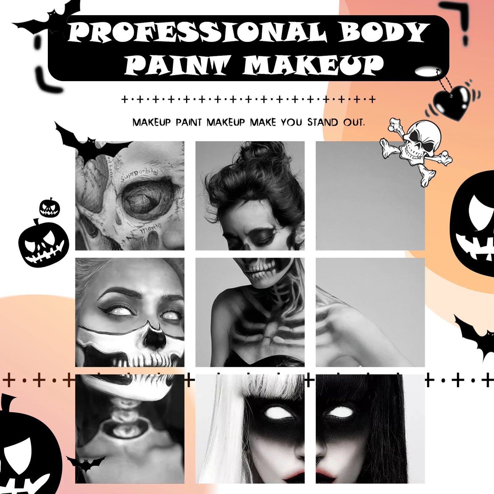 2PCS Halloween Face Painting Kit Highly Pigmented Face Body brus Paint Black and White for DIY Cosplay Theme Parties Body Makeup