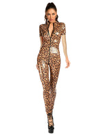 Leopard Print Open Crotch Wet-Look Faux Leather Jumpsuit Stage Cat-Suit Costume